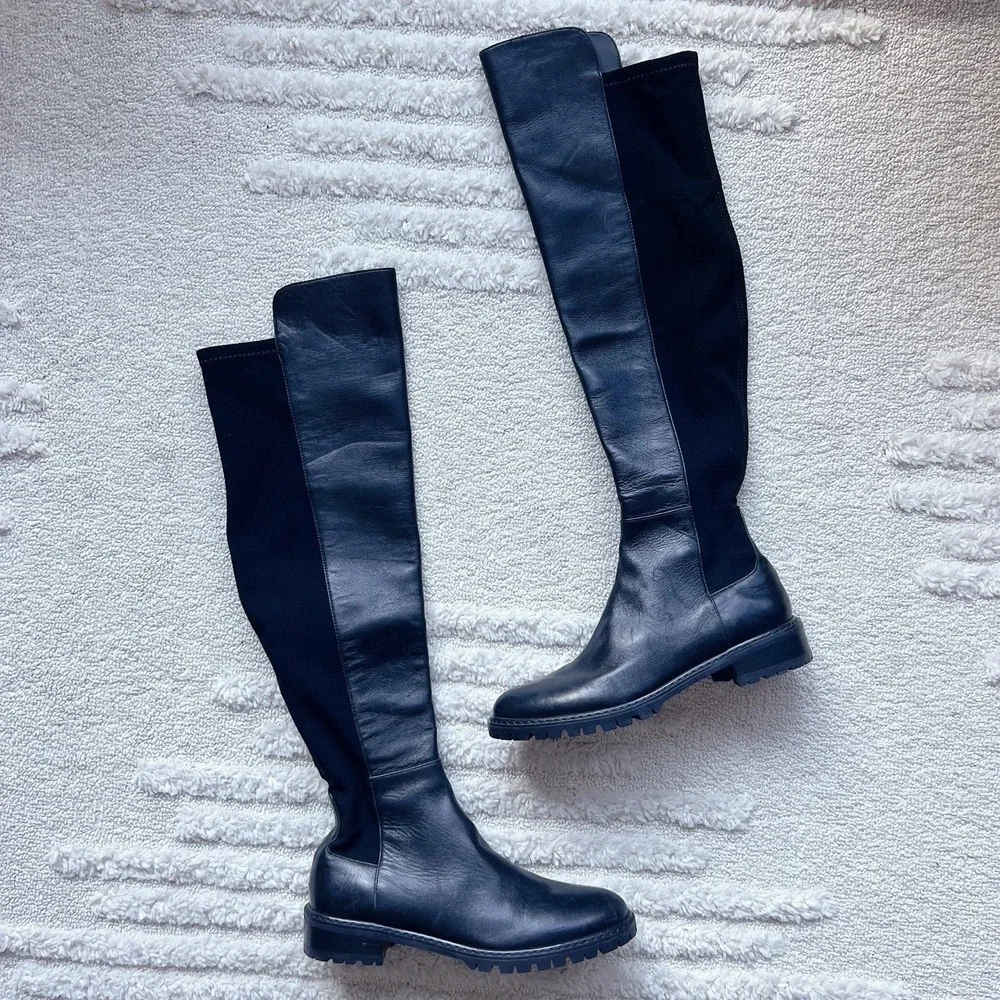 Stuart Weitzman 5050 Bold OTK Over The Knew Boots Black Leather Stretch US 6.5
